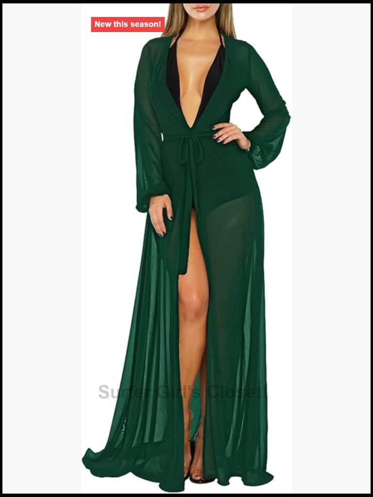 Sexy Thin Mesh Long Sleeve Tie Front Swimsuit Beach Maxi Cover Up Dress